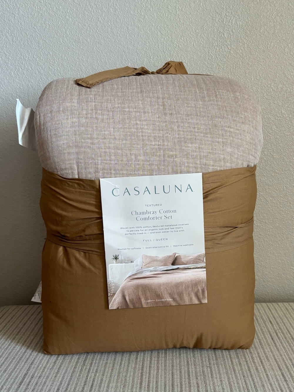 NWT Full/Queen Textured Chambray Comforter & Sham Set Warm Brown - Casaluna
